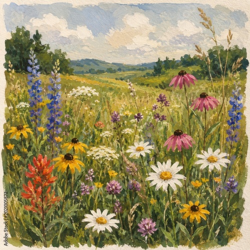 Vibrant Wildflower Meadow in Full Bloom Under a Cloudy Sky