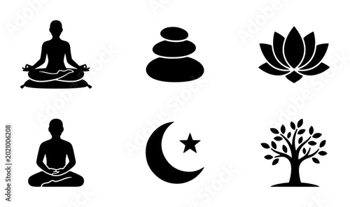 Photography Meditation Icons Set, Zen Stones, Lotus Flower, Prayer Silhouette, Crescent Moon