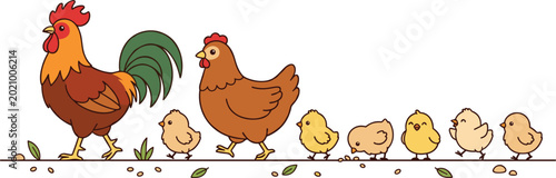 Fotografía Cute Chicken Family Cartoon Illustration with Rooster, Hen, and Baby Chicks Walk