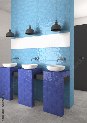 Obraz na plátně Bold blue glazed brick tile bathroom with triple vessel sinks 3D render