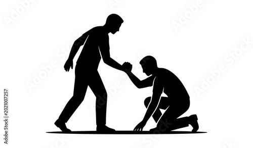 Obraz na plátne Silhouette of person helping another kneeling person vector illustration symbol