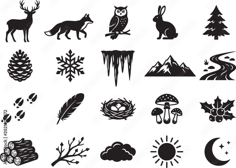 Fototapeta premium Forest and nature icon set featuring woodland animals, plants, weather elements, and landscape symbols in vector format