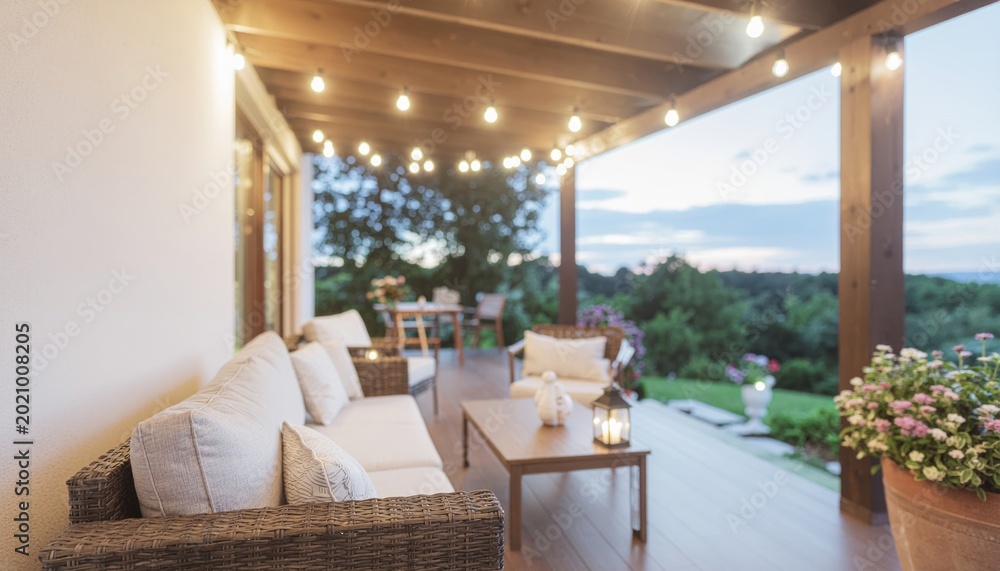 Fototapeta premium Warmly lit outdoor patio area of a house at dusk or evening