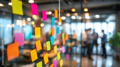 Sticky notes on glass wall with people in blurred background
