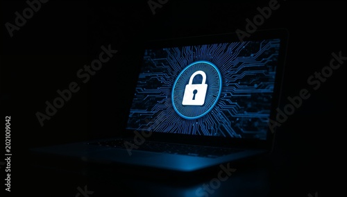 Cyber Security Concept with Laptop Showing Lock Icon on Screen in Dark Environment with Realistic Lighting