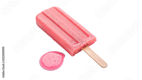 Фотография A sweet pink frozen ice cream popsicle bar with a small bite token isolated on t