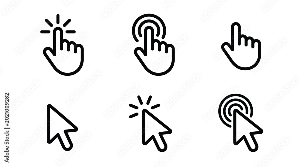 Fototapeta premium Multiple hand cursor and arrow pointer icons presented in a clean and simple black line style