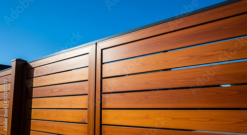 Modern Horizontal Wood Grain Aluminum Fence with Blue Sky Background for Backyard Privacy