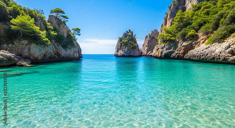 Obraz premium Crystal Clear Turquoise Water Cove Surrounded by Rocky Cliffs and Lush Greenery