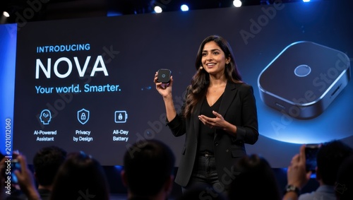 Dynamic female tech entrepreneur delivering a keynote presentation of a revolutionary new gadget to a captive audience on a brightly lit modern conference stage during a major tech event launch.