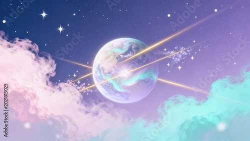 Planet in starry sky with colorful clouds