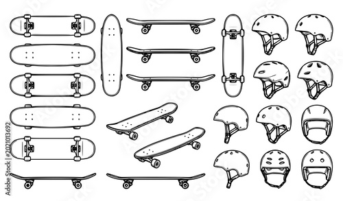 Photos Black and white skateboard and helmets vector illustration set with various safe