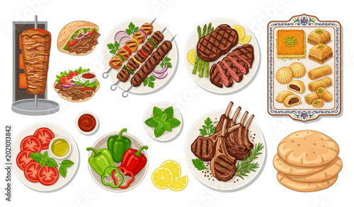 Konstfotografi Arabic halal food collection with kebab steak and pita vector isolated on white