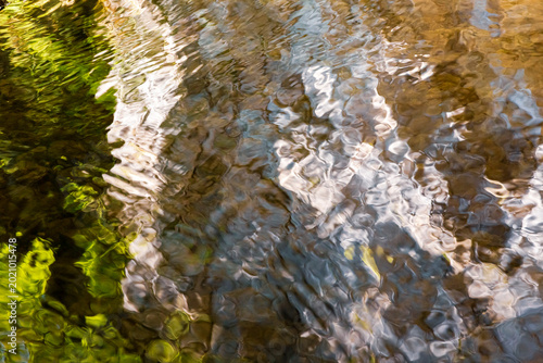 Abstract rippling water surface reflects sunlight and forest foliage, providing a natural background texture for wellness and tourism in Trentino, Friuli Venezia Giulia, Italy.
