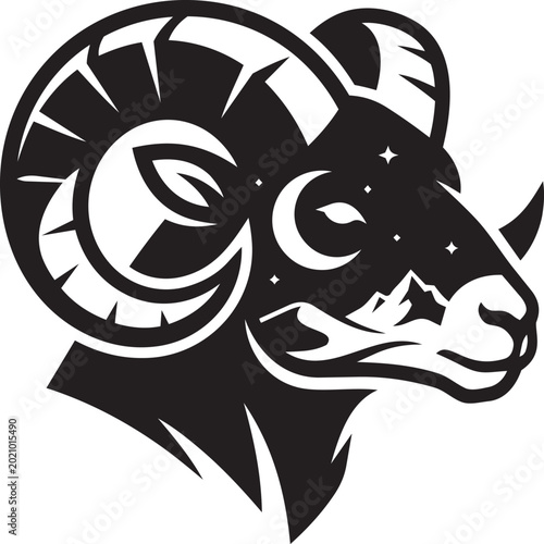 фотографія Black and white ram head profile with starry night sky and mountain landscape incorporated