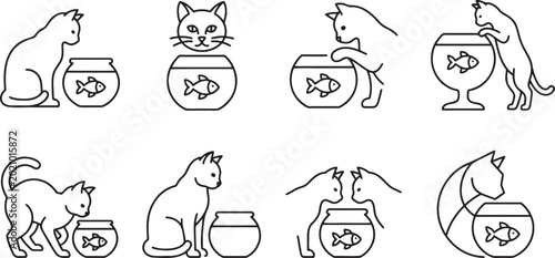Foto Curious cats watching goldfish in glass bowls and reaching for the fish