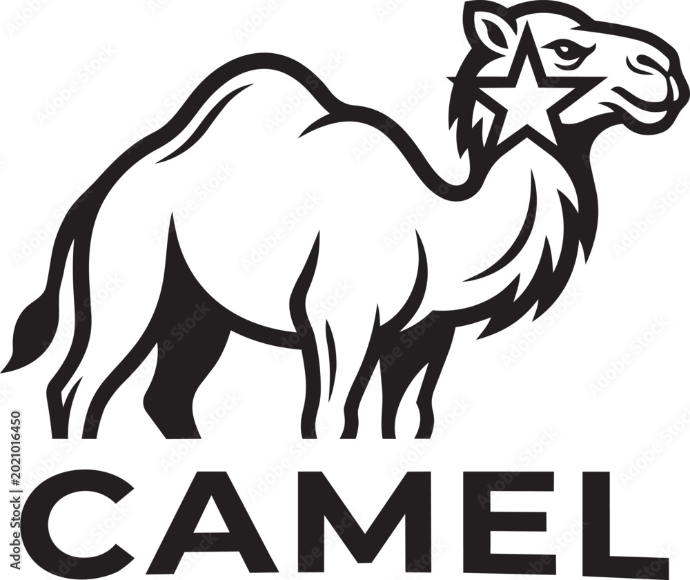 Fototapeta premium Bold camel profile logo with star element and thick black lettering.