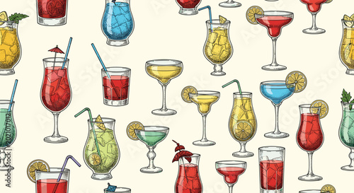 Seamless pattern of various tropical cocktails and drinks in diverse glasses garnished with fruit slices and straws on a light background.