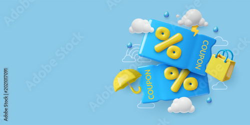 Tableau sur toile 3D coupons with rain drops, clouds, umbrella and shopping bag icons