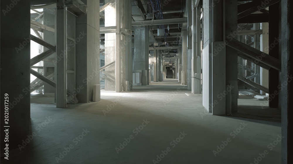 Obraz premium Interior view of a large concrete building under construction, featuring multiple rows of columns forming a long pathway, highlighting ongoing development and architecture infrastructure