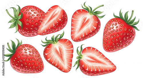 Hand-drawn of whole and sliced red strawberries with green leaves isolated on a solid black background
