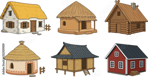 Obraz na płótnie Traditional Village House Collection with Rustic Wooden Cabins and Rural Hut Des
