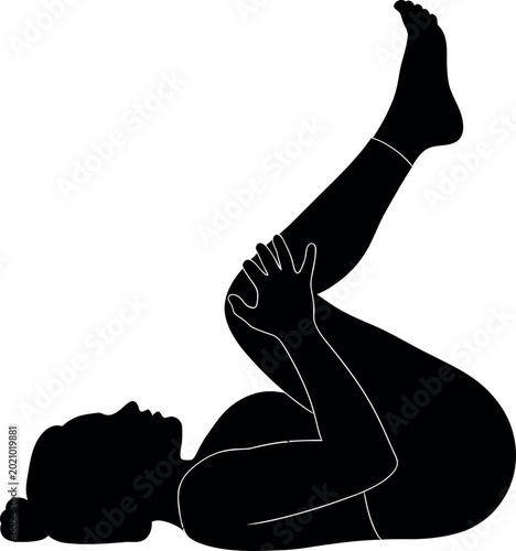 Yoga silhouette woman performing knee to chest pose for core strength and spinal mobility