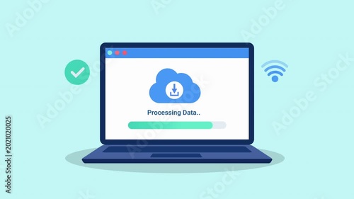 Animated flat illustration of a laptop displaying cloud data processing interface with connectivity and verification elements, representing secure digital workflow technology.