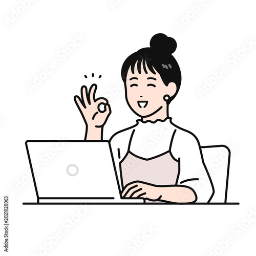 Foto ノートパソコンの前でokサインをするまとめ髪の若い女性のシンプルなベクターイラスト素材