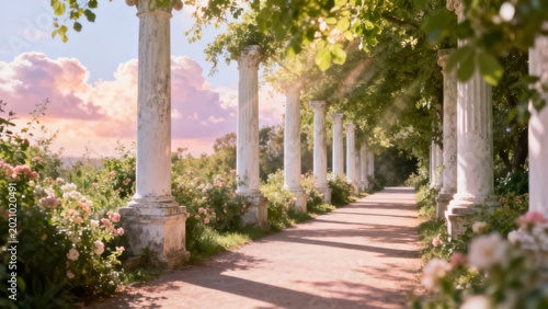 Garden path with columns and flowers