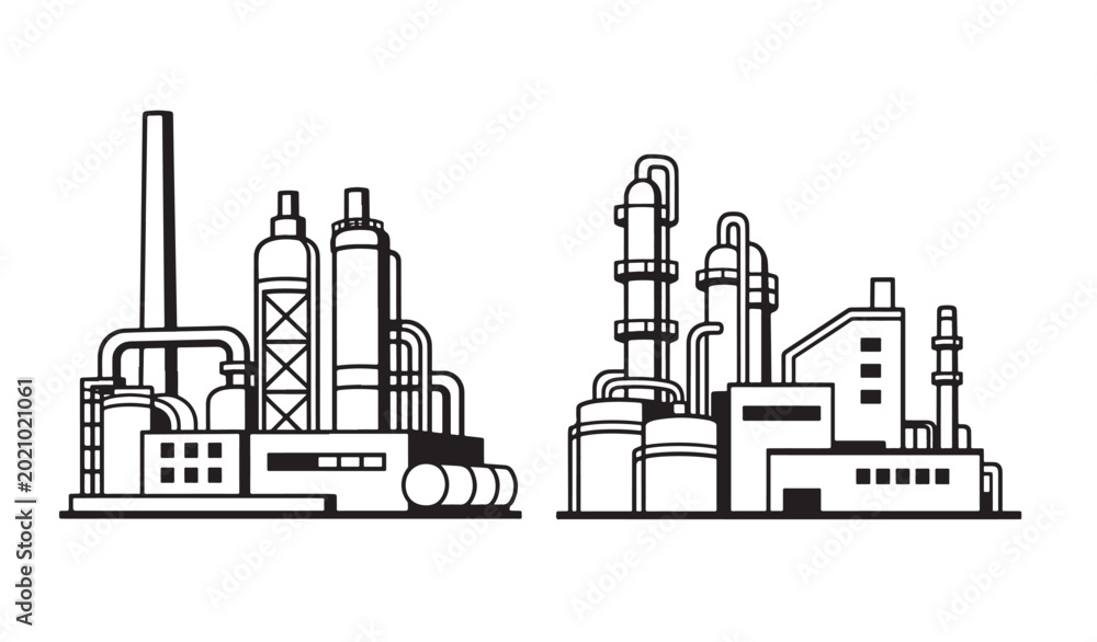 Fototapeta premium Stylized Industrial Facilities Depicted in Clear Black Line Art, Showcasing Multiple Buildings, Tall Chimneys, and Complex Piping Systems Representing Factory Operations and Energy Production