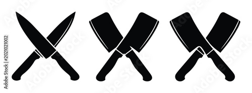 Obraz na płótnie Butcher knife icons, crossed meat cleaver silhouettes, chef kitchen tool vector