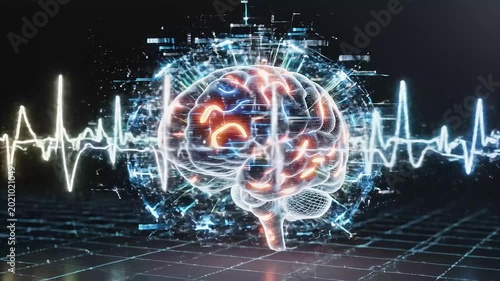 Digital 3d brain with glowing neural pathways and surrounding ECG waveform on dark grid background, futuristic neurotechnology concept