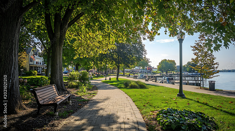 Fototapeta premium Scenic Waterfront Park Pathway with Benches Trees and Relaxing Urban Green Space.