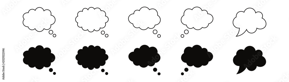 Foto Various black thought bubble icons on transparent background vector illustration graphic design elements set for thinking mind idea cloud conversation text frames flat UI web design components