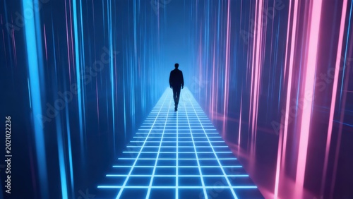 Person walking in neon corridor
