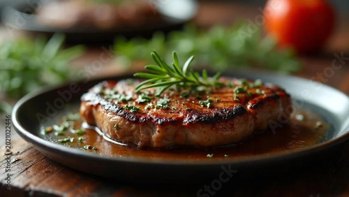 Grilled steak with rosemary. Close up. 