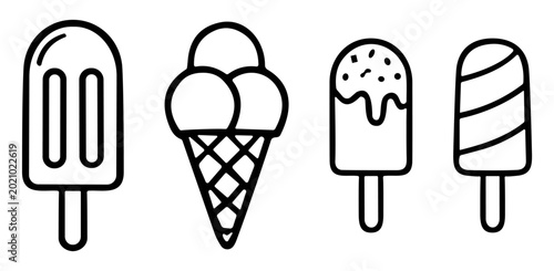 Fotografie Ice cream and popsicle outline vector icon set with summer dessert symbols on tr