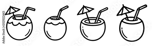 Tropical coconut drink outline vector icon set with summer beach beverage symbols on transparent background