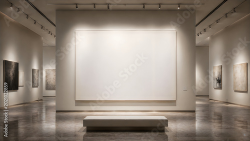Empty art gallery with blank white canvas on display stand