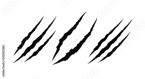 Three sets of black animal claw scratch marks with sharp jagged edges creating a predatory or monstrous effect on white background.