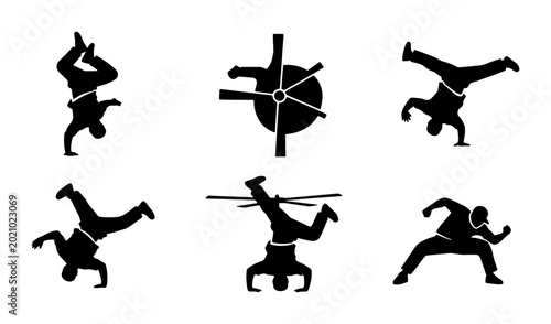 Fényképezés Breakdancing Silhouette Icons, Dynamic B-Boy Poses, Urban Street Dance Moves, Ve
