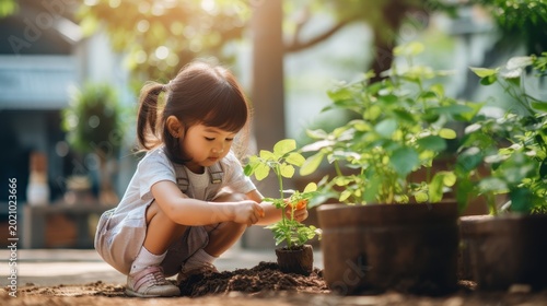 Small girl planting young seedling in soil outdoors on sunny day.