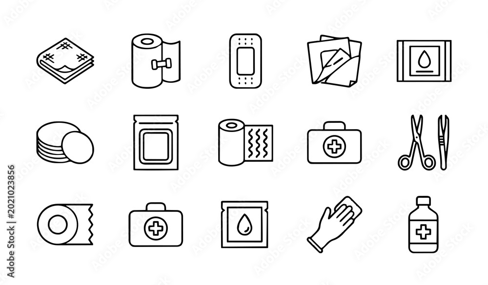 Fototapeta premium Sterile Gauze and Wound Dressing Icon Set: Minimalist Outline Illustrations for First Aid Kits, Medical Supplies, Wound Care Management, and Surgical Prep Symbols