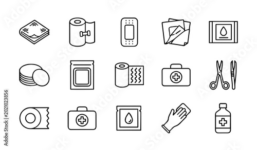 Sterile Gauze and Wound Dressing Icon Set: Minimalist Outline Illustrations for First Aid Kits, Medical Supplies, Wound Care Management, and Surgical Prep Symbols