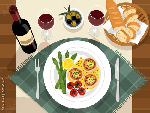 Gourmet Seafood Dinner with Wine and Bread.