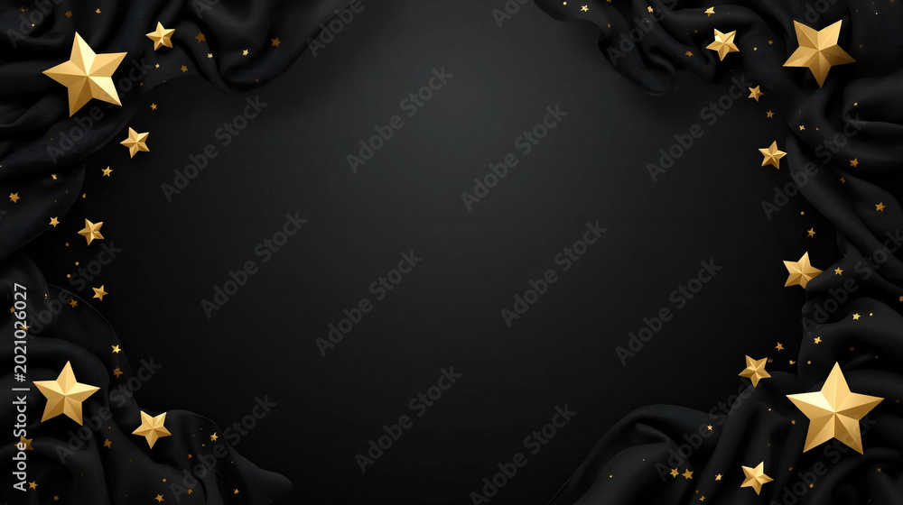 Fototapeta premium Black background with gold stars and ribbon for celebration 