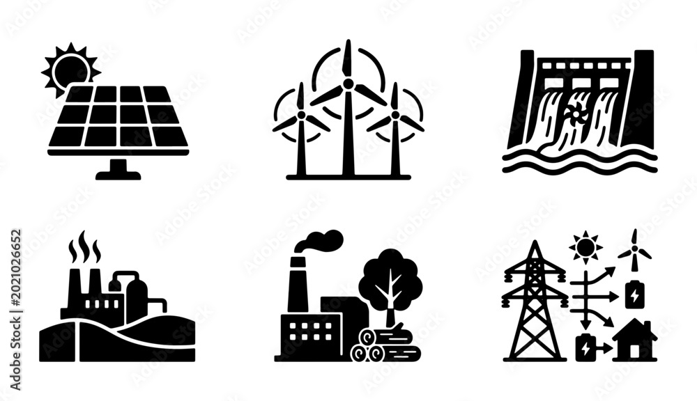 Naklejka premium Renewable Energy Icons Set: Solar, Wind, Hydro, Factory, Power Grid, Sustainable Power Generation Vector Graphics