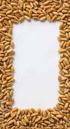 A selection of dried golden wheat kernels surrounding a central empty white space perfect for copy or rustic culinary design projects, healthy, flat lay, raw