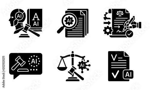 Photos AI Legal Icons Set, Artificial Intelligence Law Symbols, Technology Regulation G